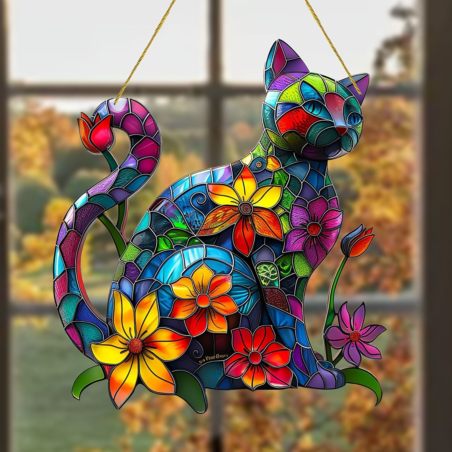 壁掛け ステンドグラス サンキャッチャー 猫 キャット 猫と花 カラフル