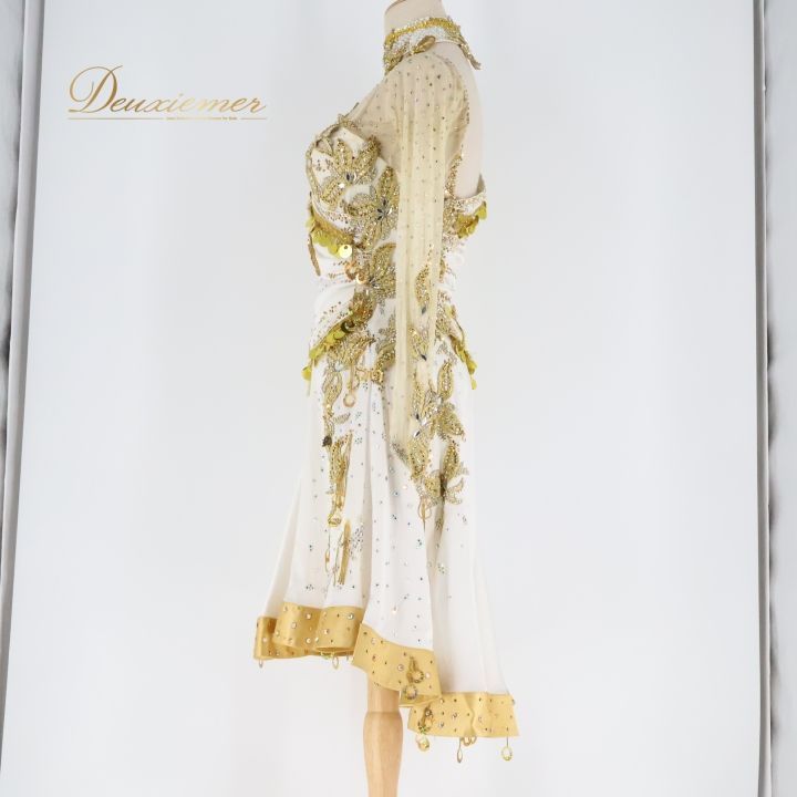 社交ダンス 衣装 ラテン ドレス ワンピース ラテンドレス 白 金 デモ