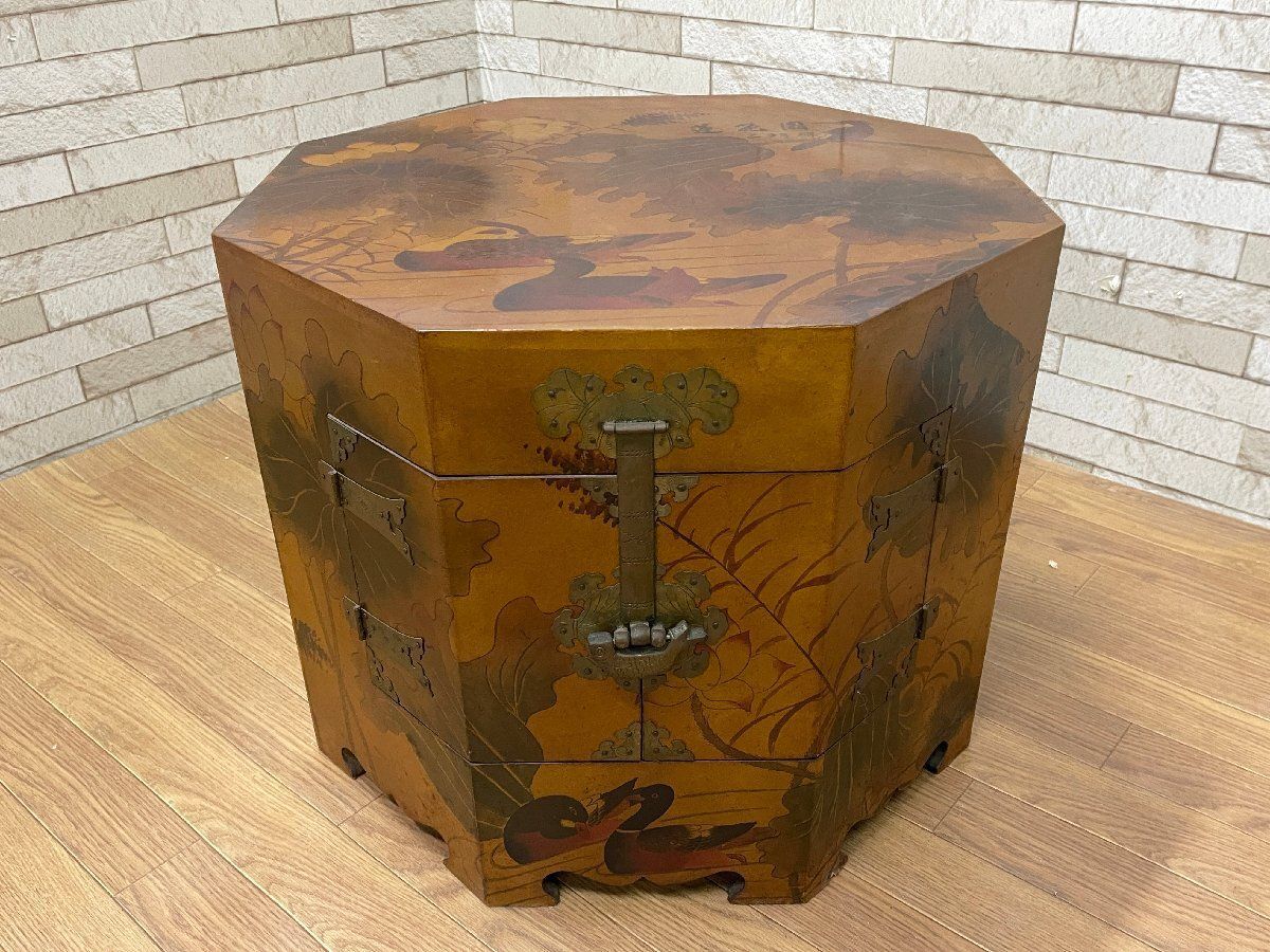 ○中国李朝家具 八角形 チェスト キャビネット 収納箱 帽子入れ 花鳥画