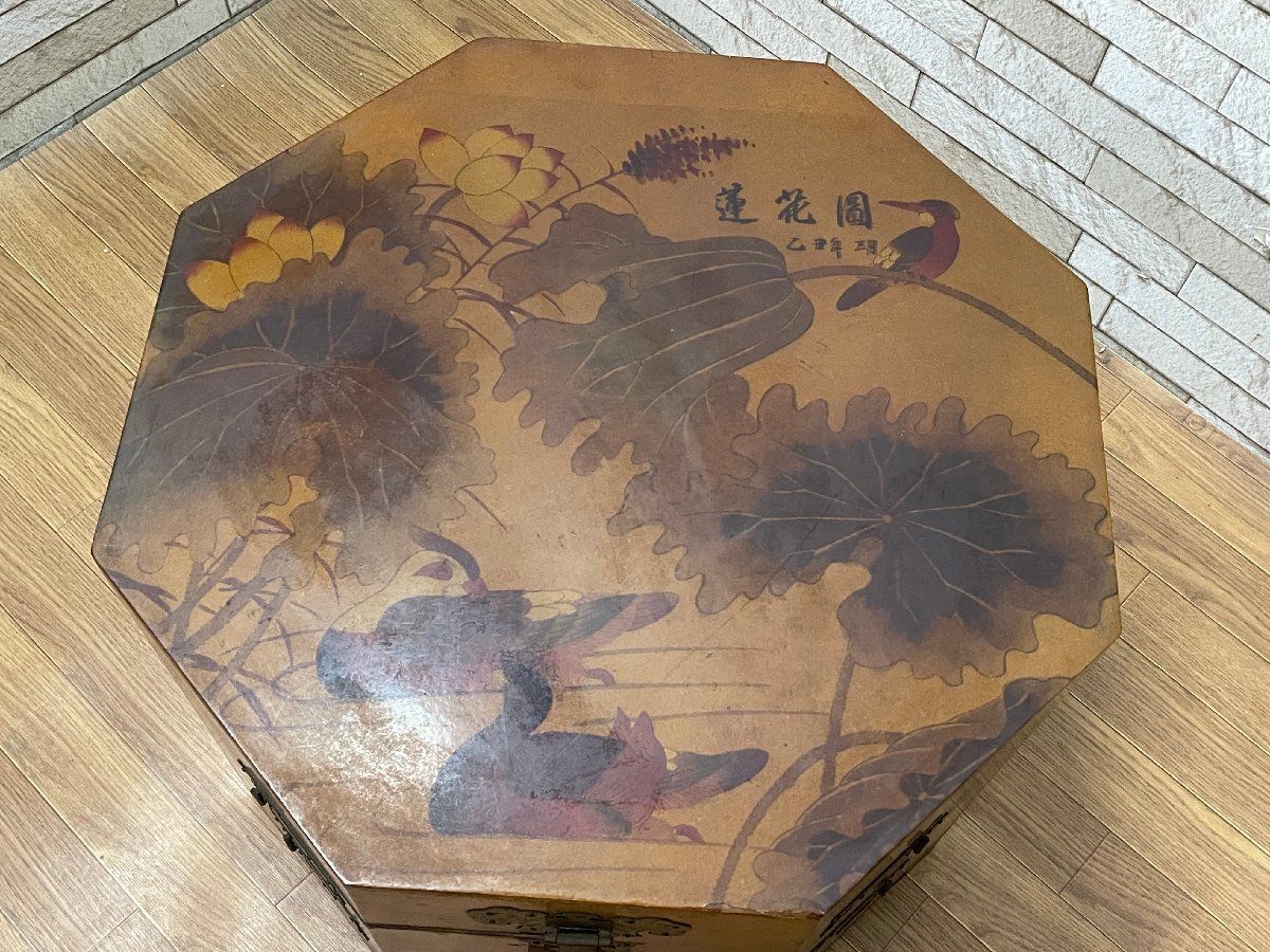 ○中国李朝家具 八角形 チェスト キャビネット 収納箱 帽子入れ 花鳥画