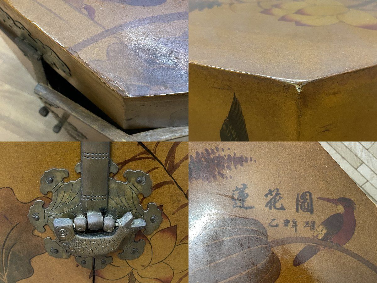 ○中国李朝家具 八角形 チェスト キャビネット 収納箱 帽子入れ 花鳥画