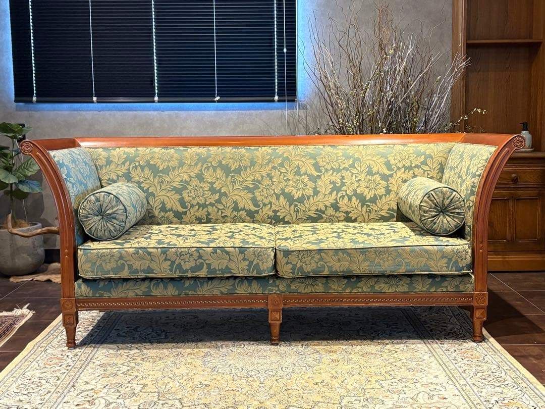 ① クラシック 3人掛けソファ 3Pソファ 花柄 グリーン ビンテージ nY