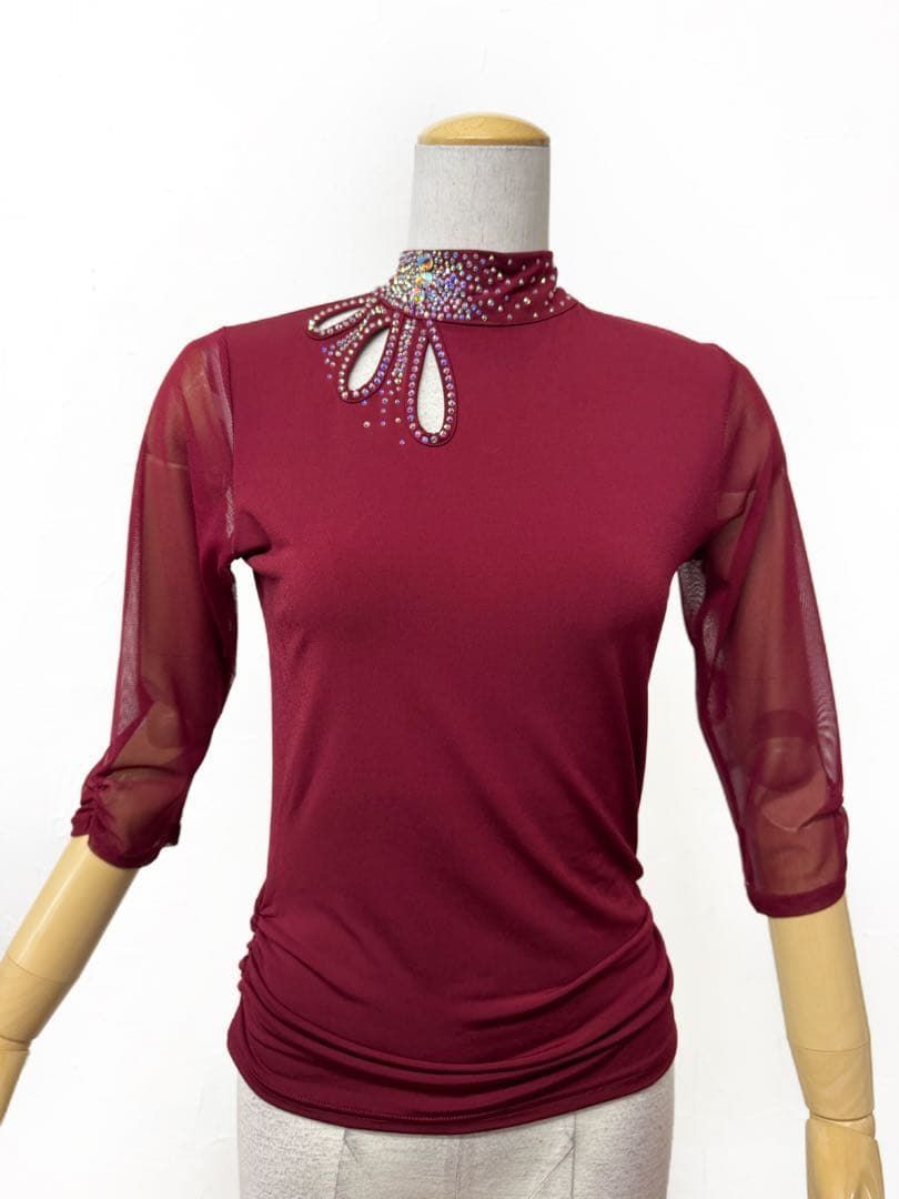 ラインストーン】新品社交ダンス ハイネックデザインカットソーワイン
