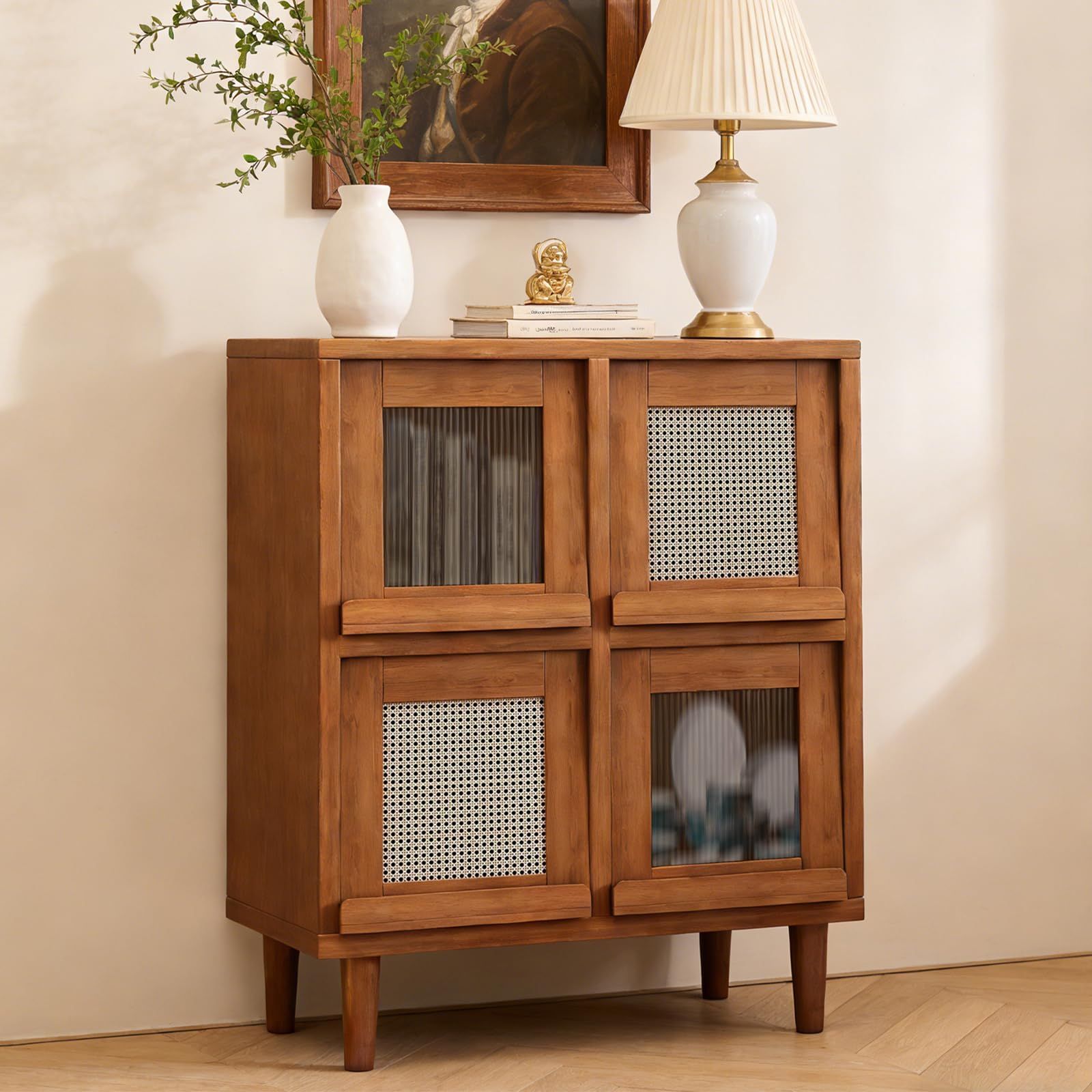 YGOTUY キャビネット チェストラタン調 サイドボード 幅60cm 4扉付き