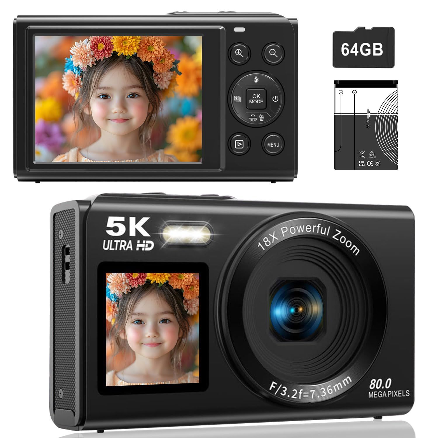 デジカメ5K スマホに送れる デジタルカメラ WIFI転送機能 8000万画素