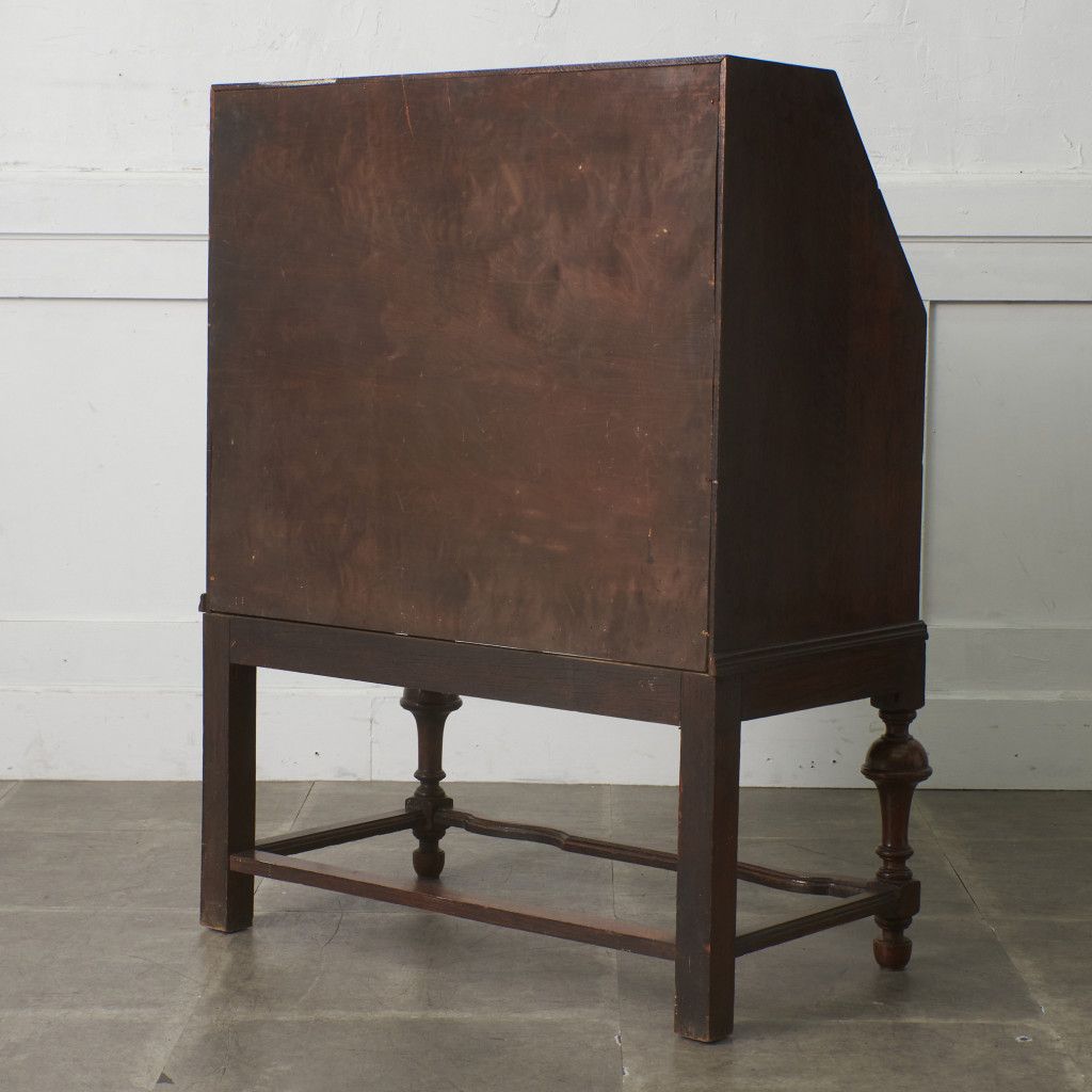 英国 アンティーク ライティング ビューロー 木彫刻 オーク 無垢材