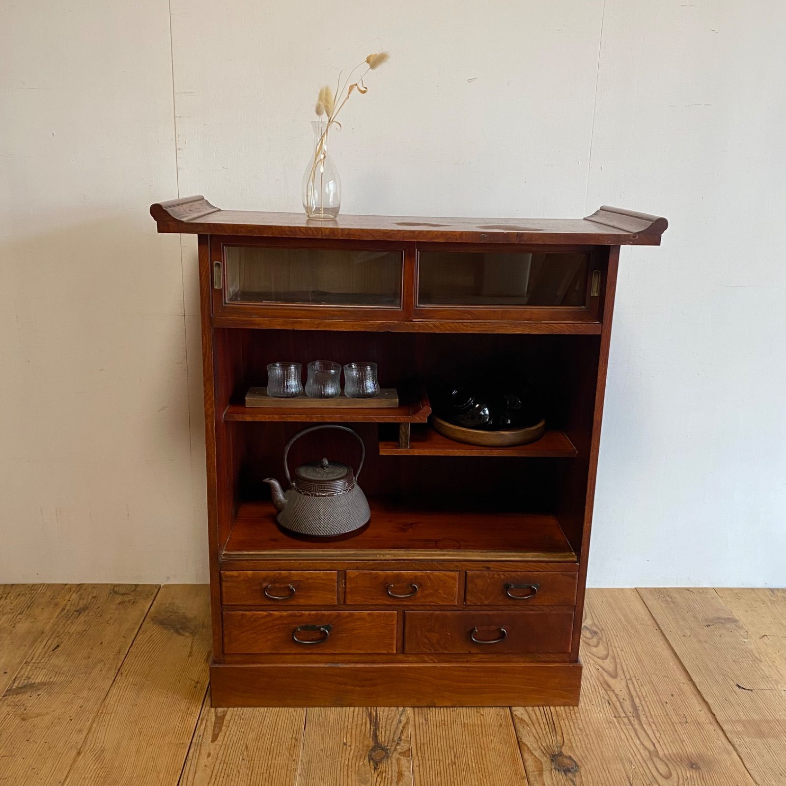 アンティーク ガラス戸棚 茶箪笥 水屋箪笥 無垢材 Y680 - メルカリ