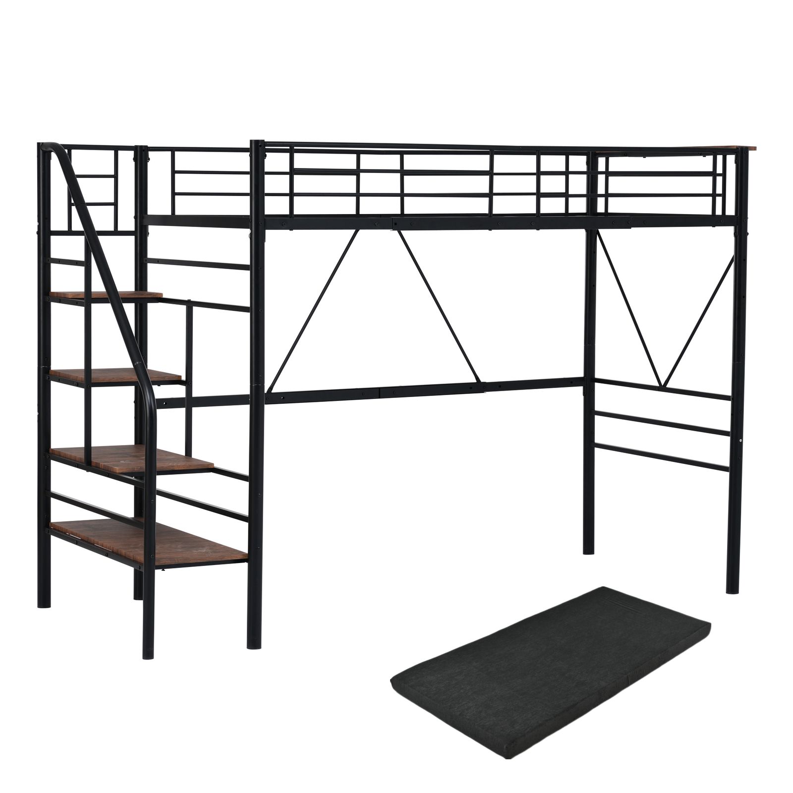 10cm厚さグレーマットレス付き】ロフトベッド 階段付き S パイプベッド