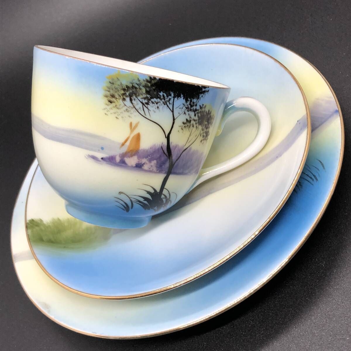 オールドノリタケ 金彩 風車湖畔風景図 キャビネットトリオ マルキ印