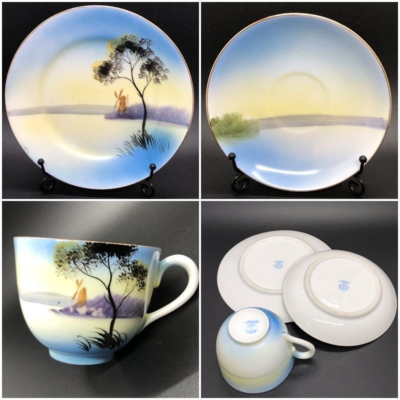 オールドノリタケ 金彩 風車湖畔風景図 キャビネットトリオ マルキ印