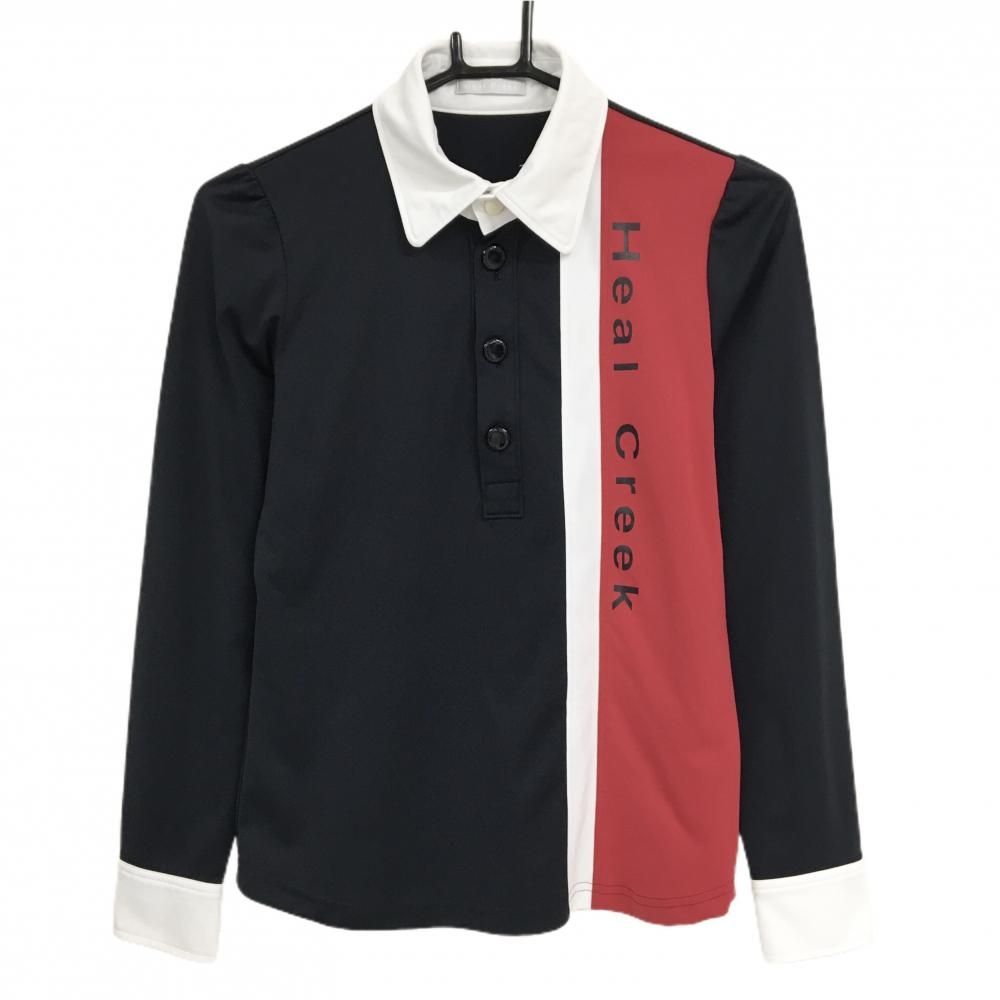 美品】ヒールクリーク 長袖ポロシャツ 黒×レッド×白 ロゴプリント