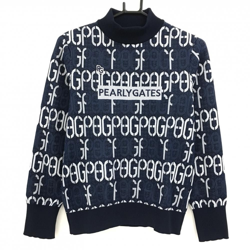 美品】パーリーゲイツ ハイネックセーター ネイビー×白 ロゴ総柄