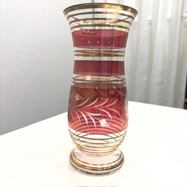 ボヘミアングラス 花柄 フラワーベース 花瓶 ブルー チェコスロバキア