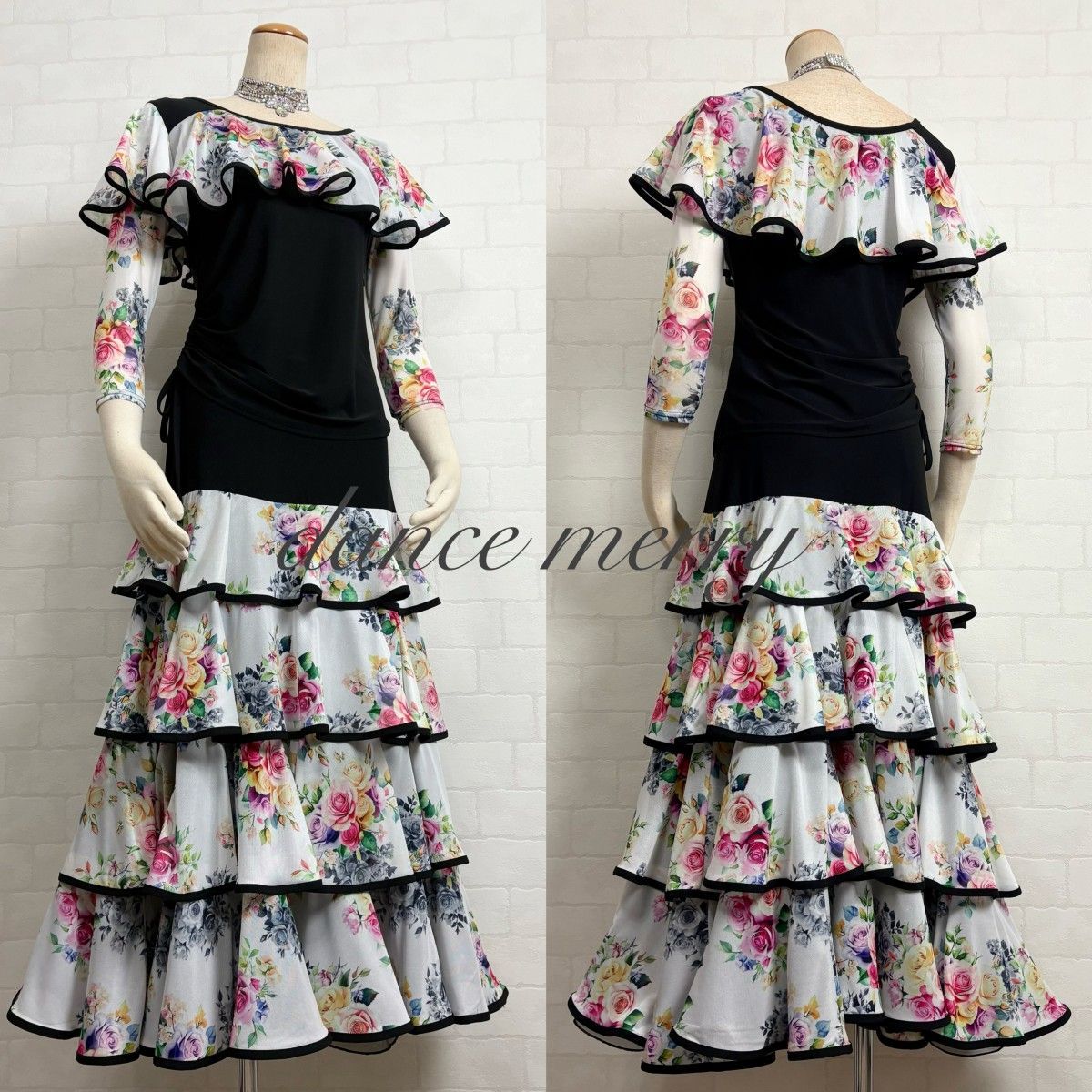 ☆送料無料☆新品 豪華 社交ダンス ツーピース セットアップ 黒 白