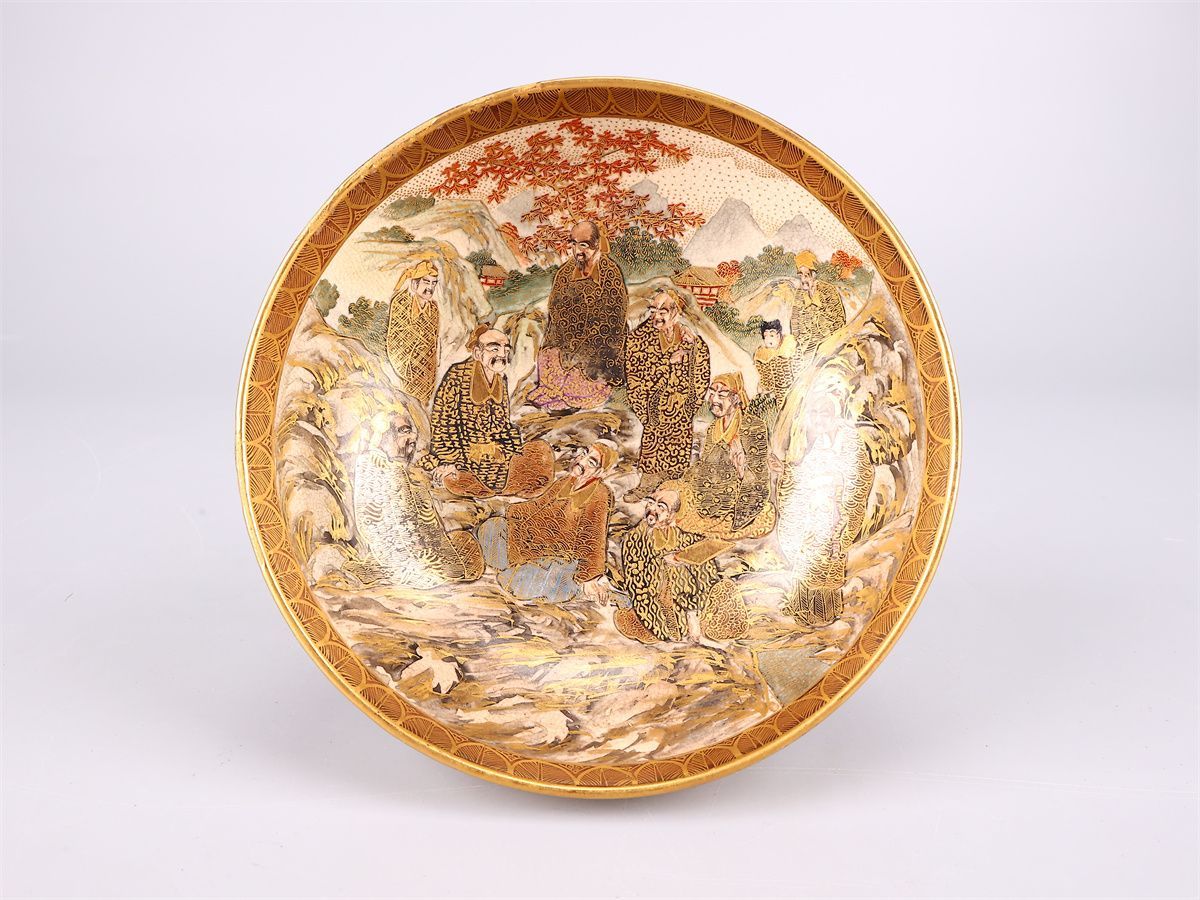 明治時代 【古薩摩焼】 本谷造 十八羅漢 鉢 径15.5㎝／美品S！CP725