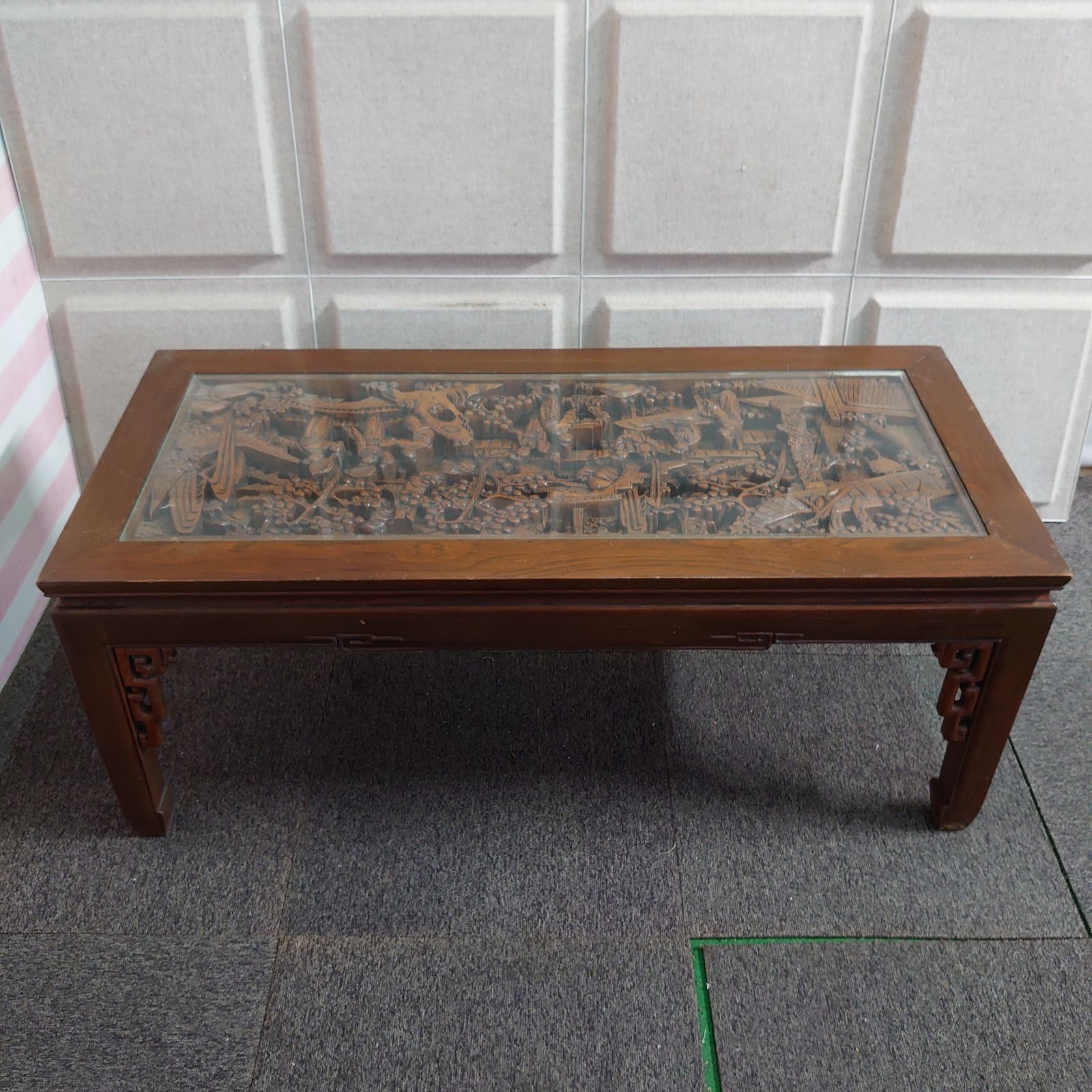 希少 ローテーブル センター テーブル 木彫り 彫刻 ガラステーブル