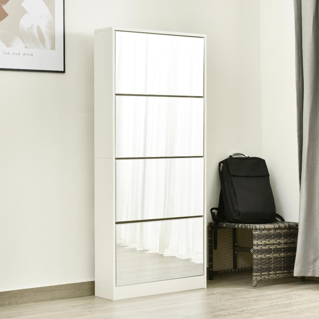 薄型 4段 シューズラック スリム シューズボックス 靴箱 下駄箱 ミラー