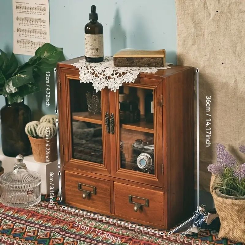 卓上 ガラスキャビネット 両開き 収納ケース 引き出し付き 木製 ガラス