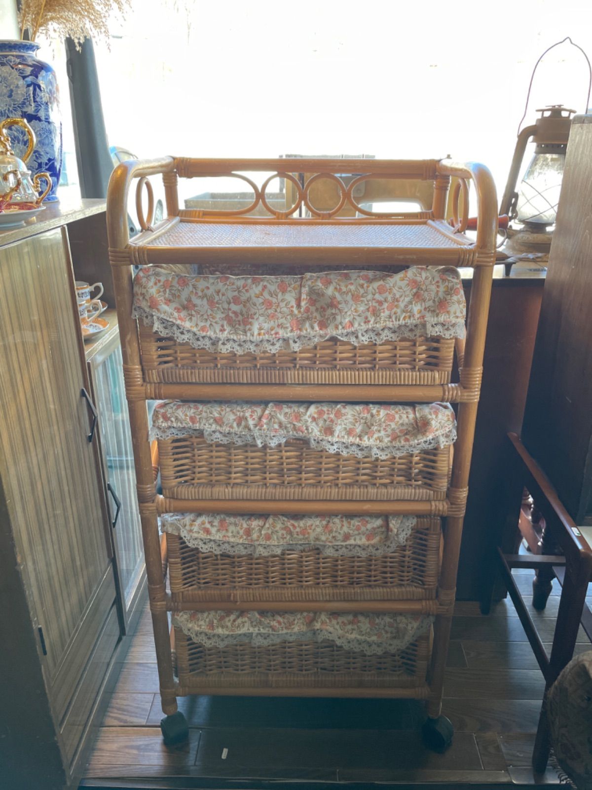 ラタン 籐 棚 チェスト 4段 キャスター付 W44cm D36cm H54cm