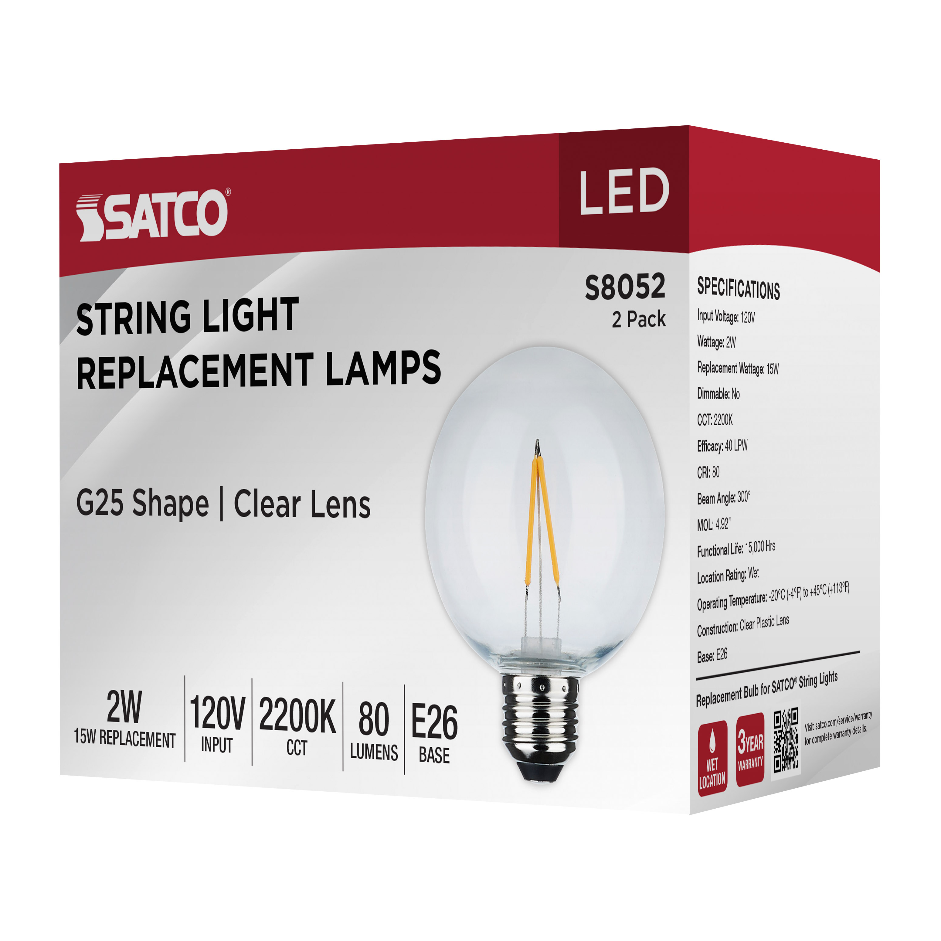S8052 2W/LED/G25/822/120V/2PK