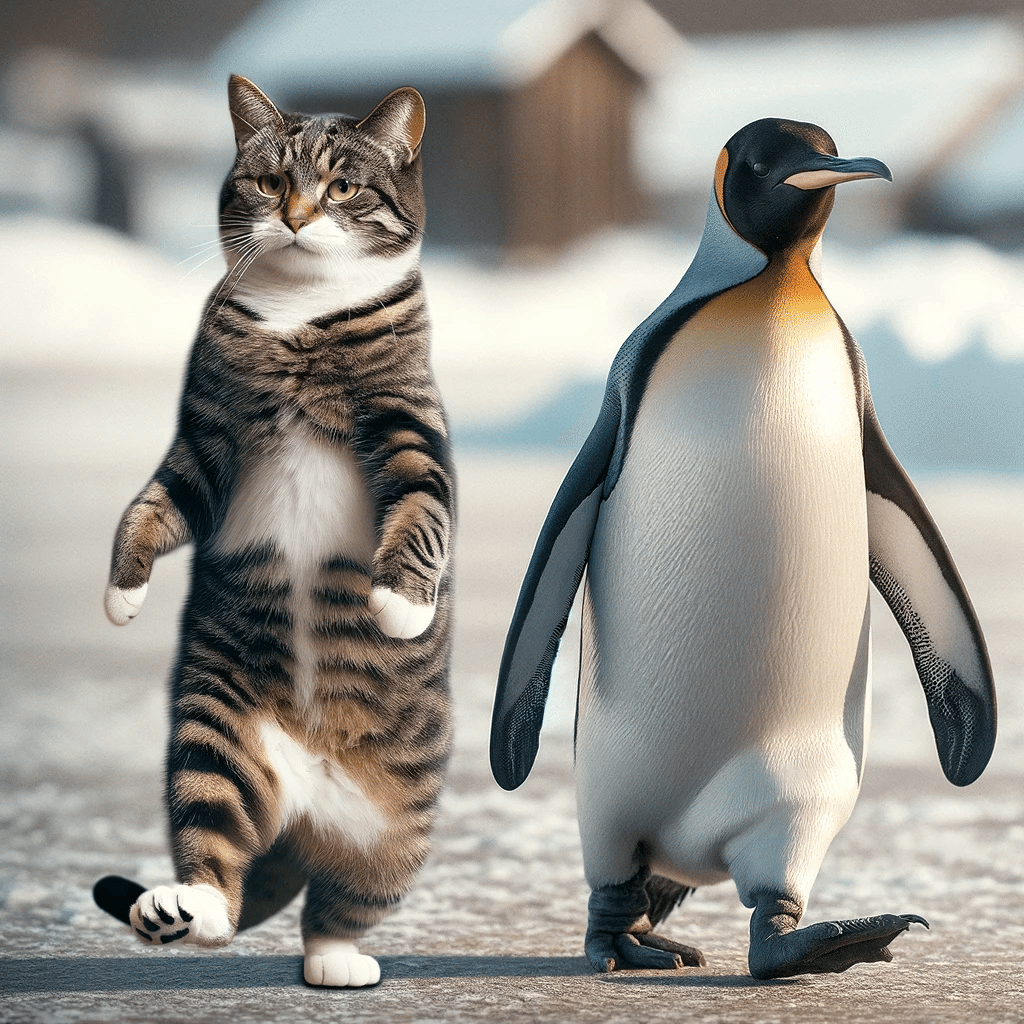 DALL·E ペンギンの真似をする猫｜ねこ鉄道（jae02546）