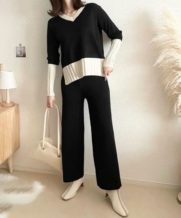 バイカラーニットアップ レディース 秋 冬 長袖 ニットセットアップ