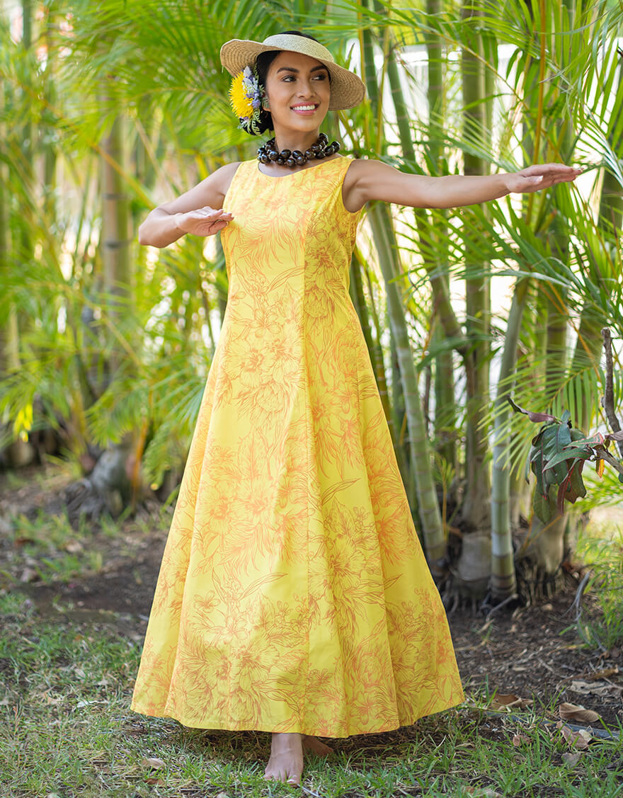 ノースリーブラウンドネックフレアドレス（プロテア）イエロー