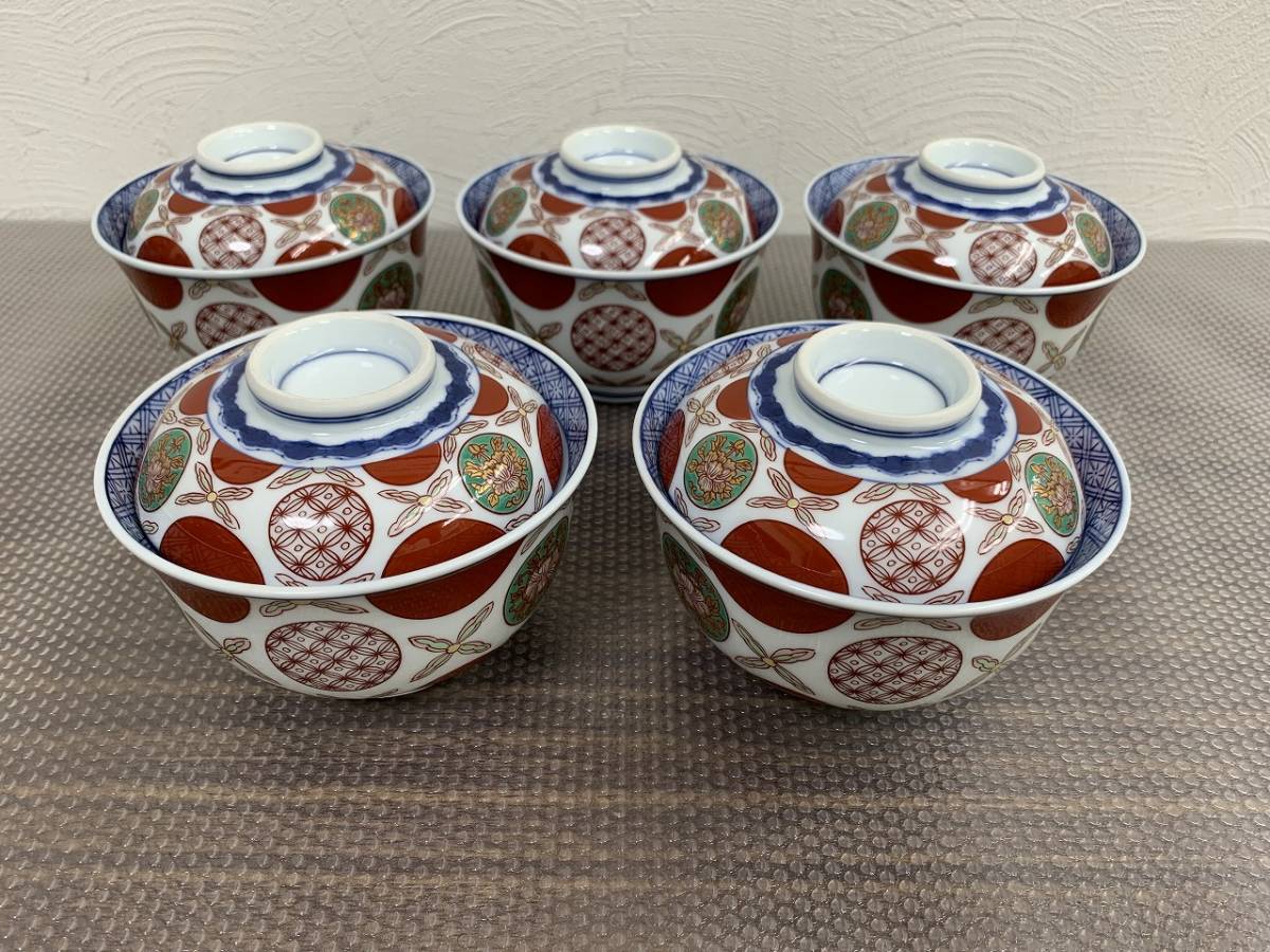 ☆T 賞美堂 雑煮碗 赤濃丸紋 雑煮碗揃 其泉窯 5客セット 蓋付き 高さ約