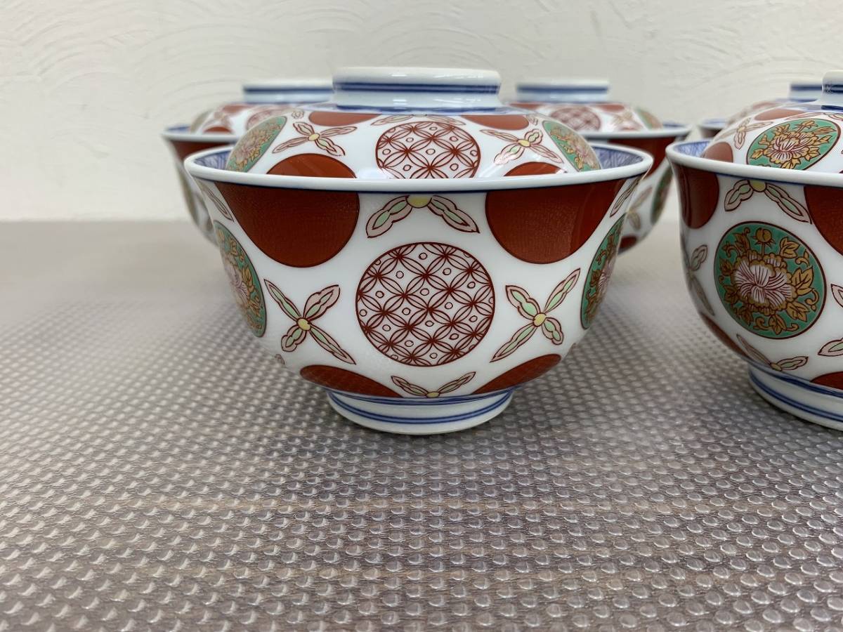 ☆T 賞美堂 雑煮碗 赤濃丸紋 雑煮碗揃 其泉窯 5客セット 蓋付き 高さ約