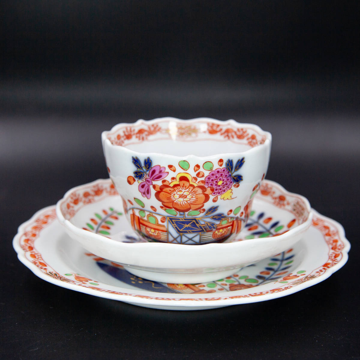 マイセン 柿右衛門 御所車花模様 トリオ カップ ボタン剣 一級品 1級