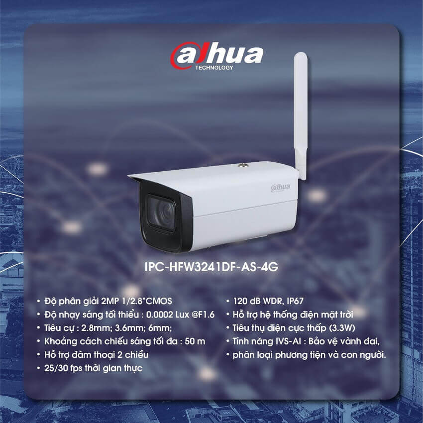 Camera IP Dahua DH-IPC-HFW3241DF-AS-4G Hỗ Trợ Sim 4G