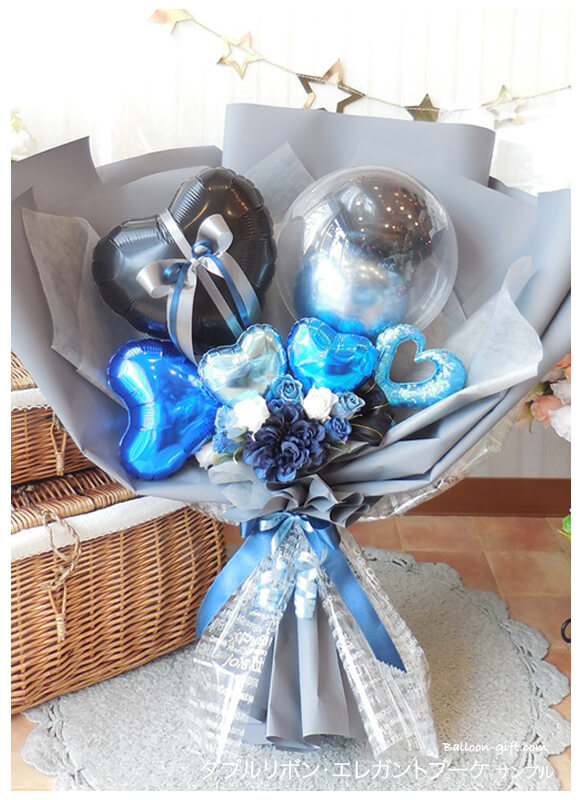 抱える大きめバルーンの花束 「ダブルリボン・エレガント・ブーケ