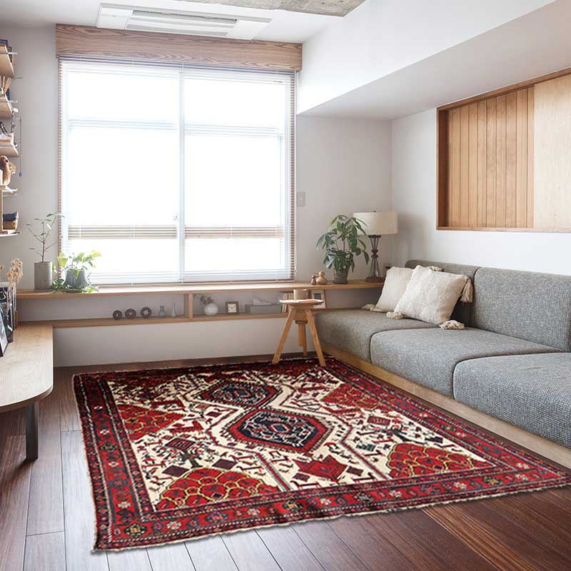 人気の赤いヴィンテージラグ、トライバルラグヴィンテージ 原毛色 -赤