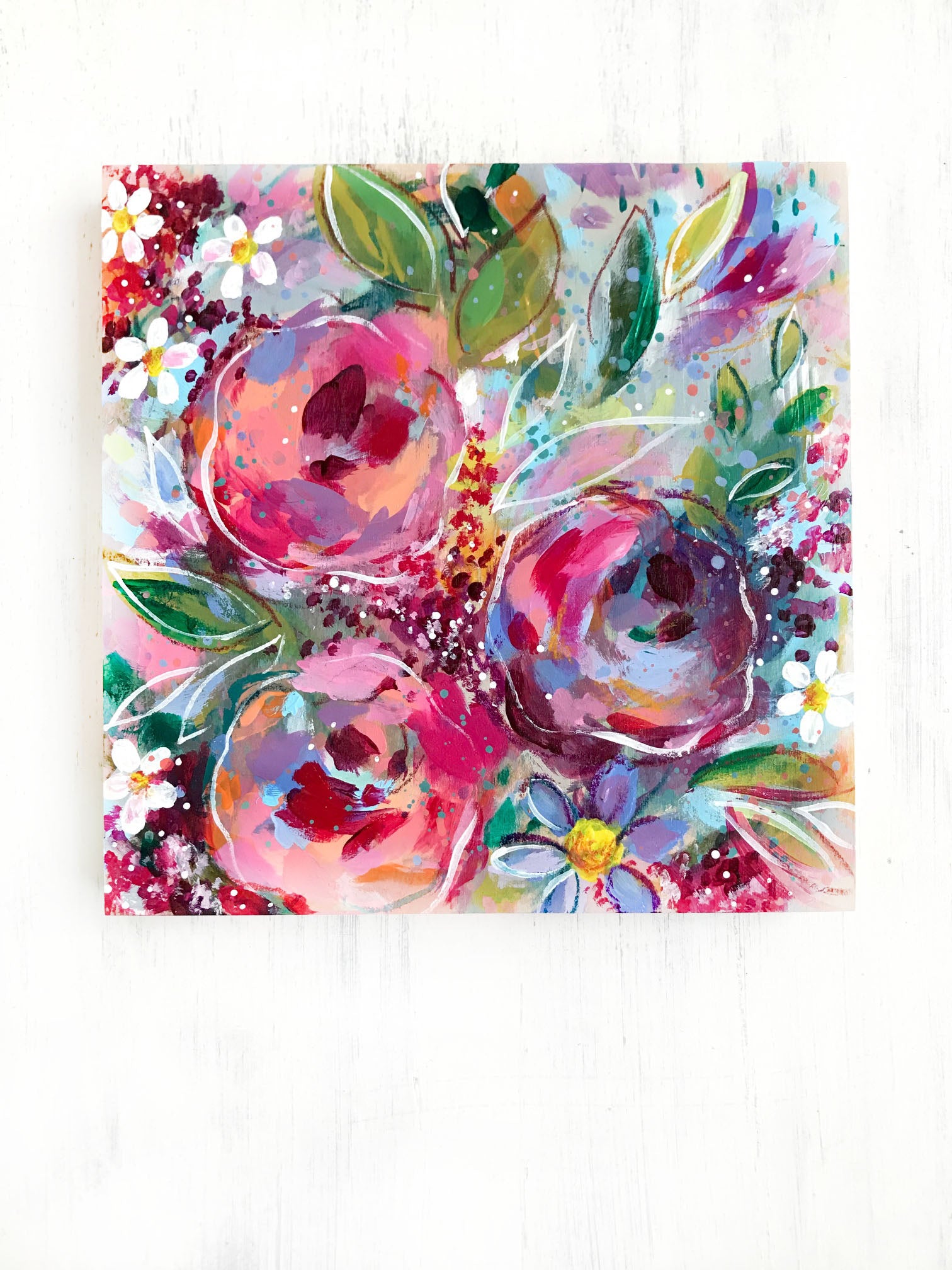 New Spring Floral Mixed Media Painting on 8x8 inch wood panel no.7