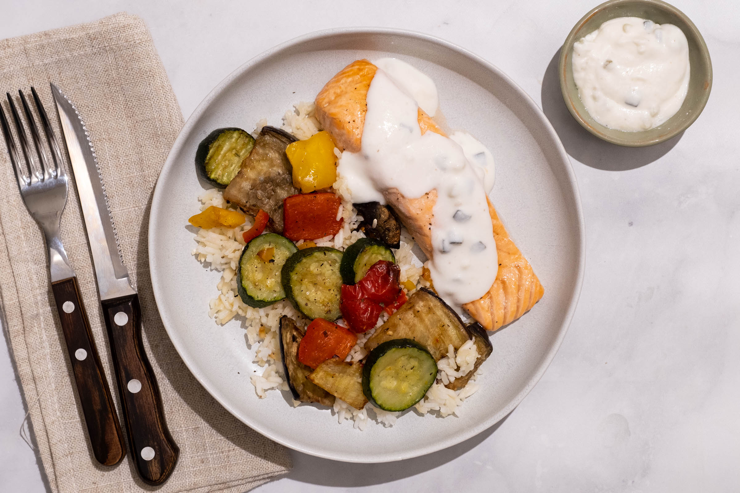 Meal Card: Salmon and Tzatziki Sauce with Grilled Vegetables