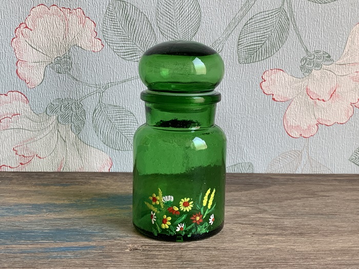 ベルギー 70s グリーンガラス お花 キャニスター ヴィンテージ | Blue