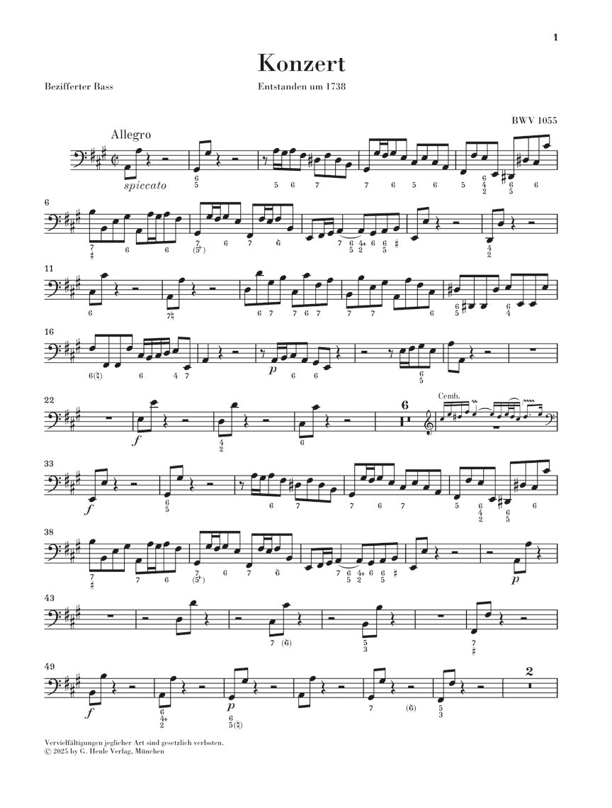 ピアノ／バッハ：チェンバロ協奏曲 第4番 イ長調 BWV 1055（数字付き通