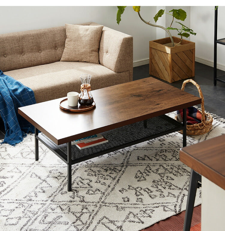 ローテーブル 幅120cm 長方形 収納棚 木目 アイアン ブラウン おしゃれ