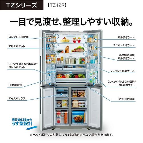 アクア 冷蔵庫 420L 観音開き 4ドア 幅70cm うす型 大容量冷凍室 LED庫