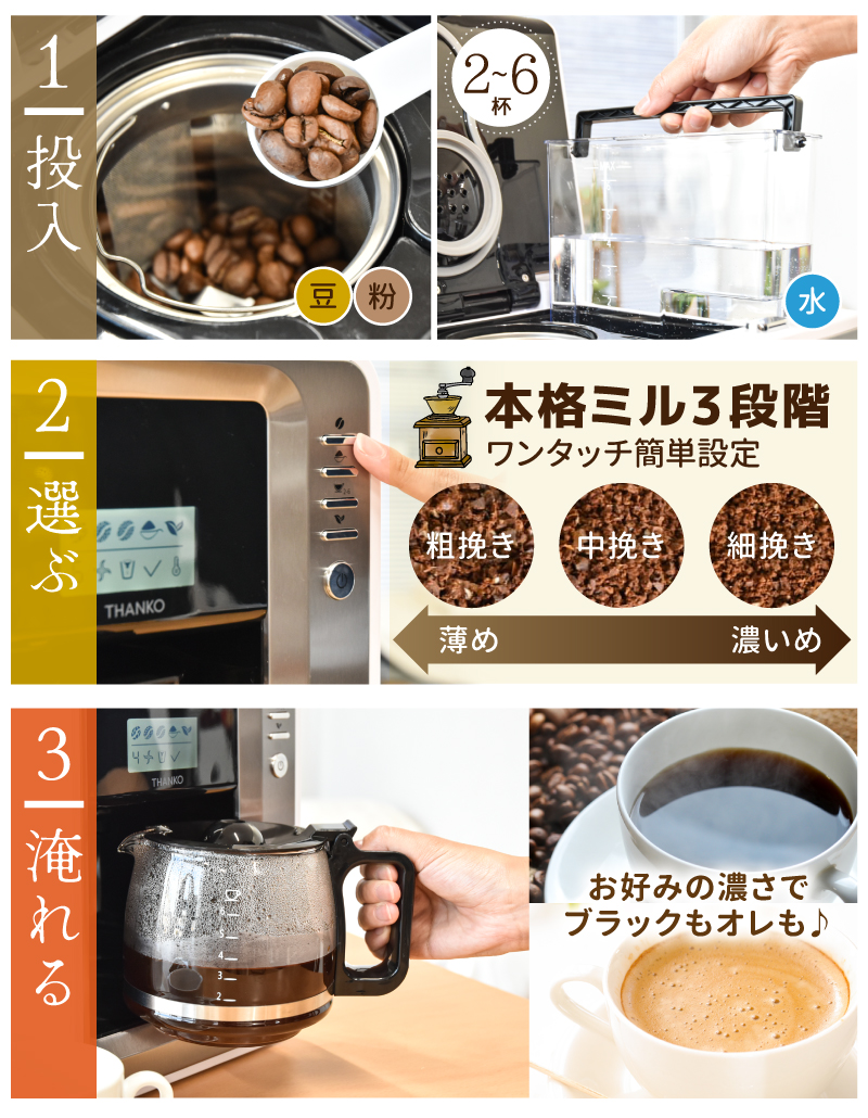 全自動3段ミル付きコーヒーメーカー「本格派バリスタ（FLAMCMSWH