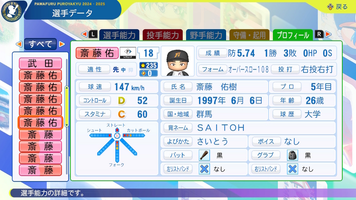 日ハム】斎藤佑樹 (2015) パワプロ2024-2025 - ぱわぷろセゾン