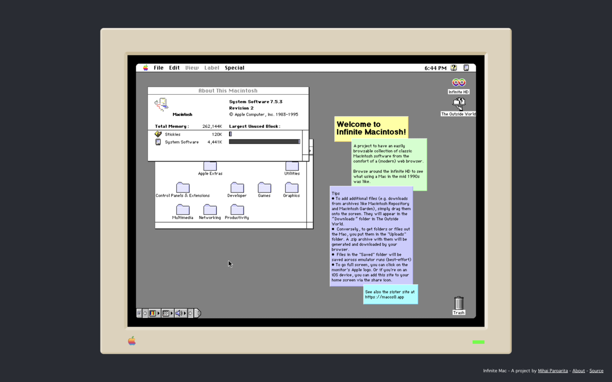 ブラウザで往年の「System 7」と「Mac OS 8」が動作可能に - こぼねみ
