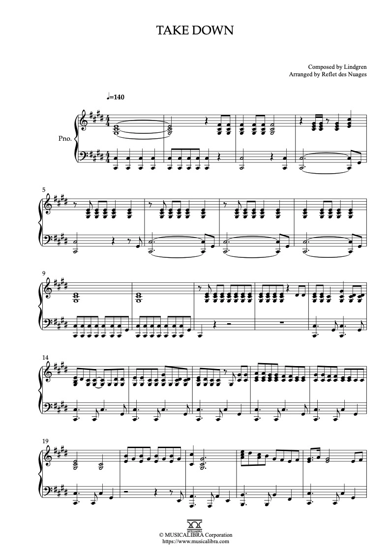 PIANO SOLO 楽譜] Take Down ピアノ 編曲 楽譜 : MUSICALIBRA JAPAN