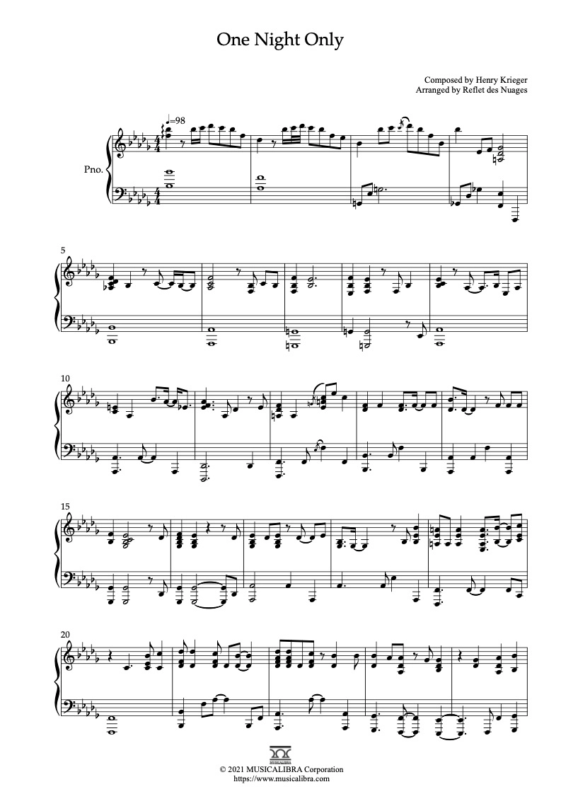 PIANO SOLO 楽譜] One Night Only ピアノ 編曲 楽譜 : MUSICALIBRA JAPAN