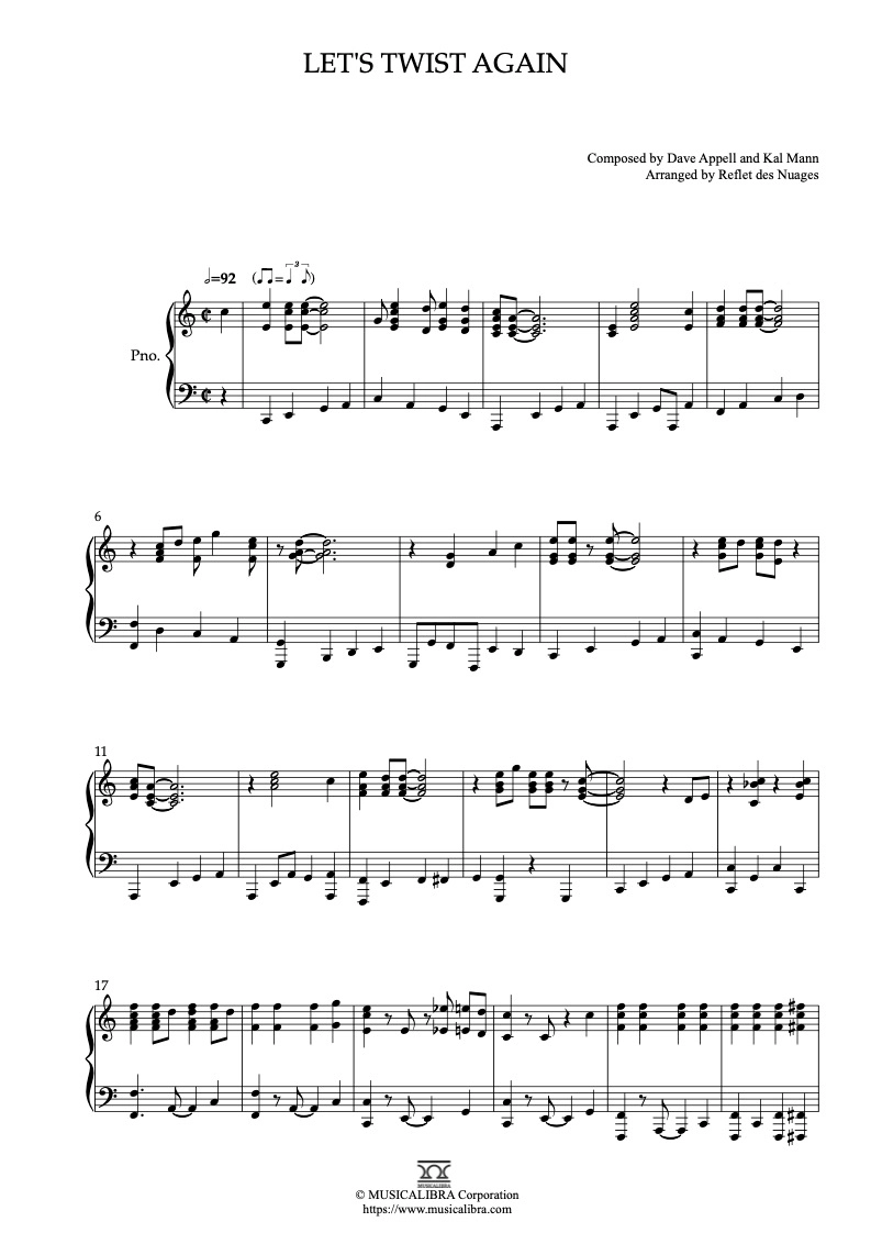 PIANO SOLO 楽譜] Let's Twist Again ピアノ 編曲 楽譜 : MUSICALIBRA