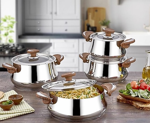 OMS 1076 Ahşap Kulp 8 Parça Çelik Tencere Seti Fiyatları