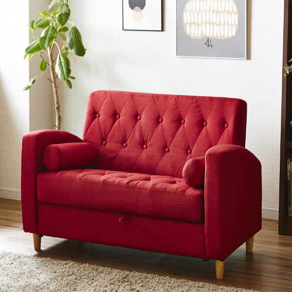 後藤家具物産 2Pソファ レッド 二人掛 北欧風 座面下収納庫付