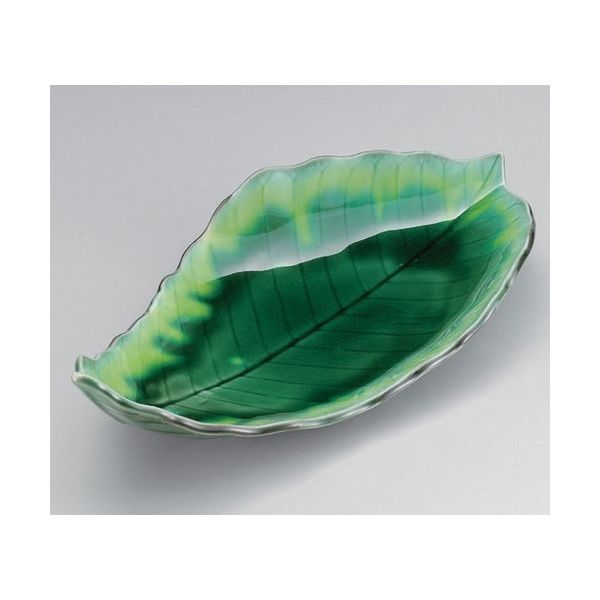 アースモス 美濃焼 変形皿（特大） 緑釉朴葉尺二皿 (2個入)（直送品