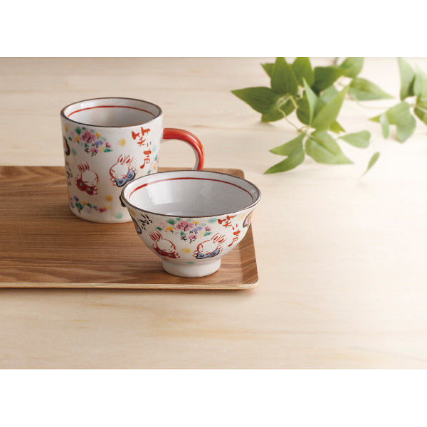 夕立窯 うさぎ 脚付角皿 3点セット 夕立窯 桃色 うさぎ マグカップ 陶器