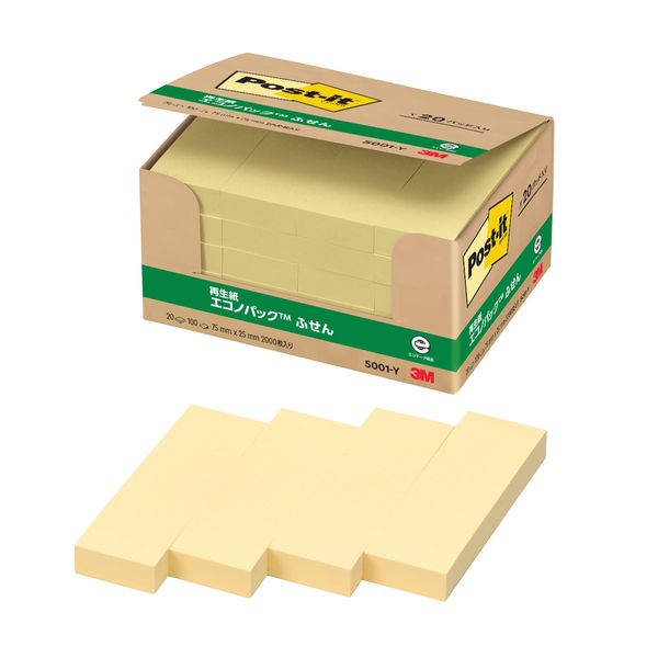 スリーエム(3M) ポストイット ふせん 付箋 再生紙 75mm×25mm イエロー